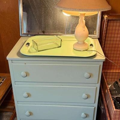 Four drawer dresser mirror, small lamp & tray