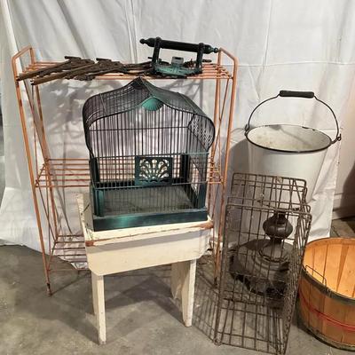 Victorian swing curtain rods birdcage, enamel bucket