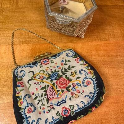 Vintage needlepoint tapestry evening bag hexagonal hinged box