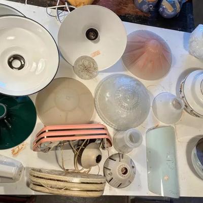 Vintage glass flush mount lights and enamel warehouse lights