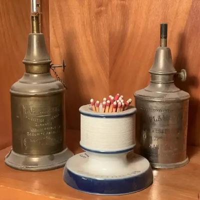 Vintage french pigeon" oil lamps & apollinaris match holder