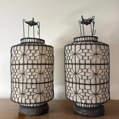 Pair of chinese wire fabric lanterns