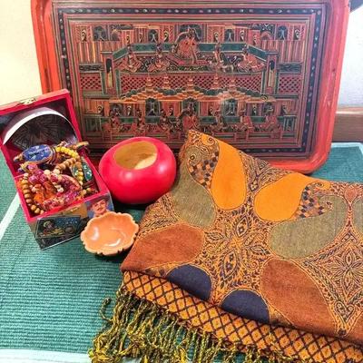Lacquerware tray pashmina & other pieces
