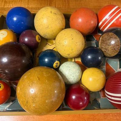 Variety of billiard croquet, bocce, wood, stone balls w: tray
