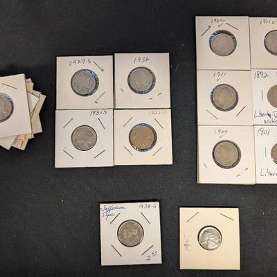 20 Buffalo, 6 Liberty "V", Jefferson Nickels, and Lincoln Penny