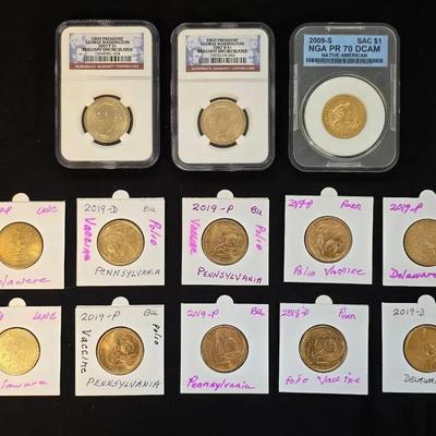 2 NGC Graded BU Washington Dollars, 2009-S PR-70 DCAM Sacagawea Dollar, and 10 Other BU Dollars