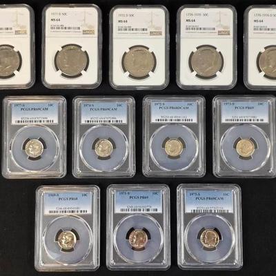 7 PCGS Graded Proof Roosevelt Dimes and 5 NGC Graded MS Kennedy Halves