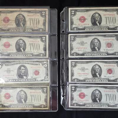 7 $2.00 Red Seal 1928 and 1953 with a Star Note, 1 $5.00 Red Seal Note