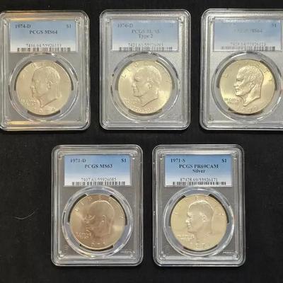 4 Uncirculated Eisenhower Dollars and 1 Proof Silver Eisenhower, All PCGS