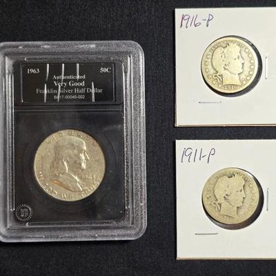 2 Barber Silver Quarters and 1 Silver Franklin Half