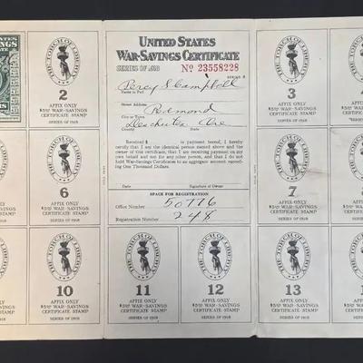 1918 World War I Saving Stamps Certificate