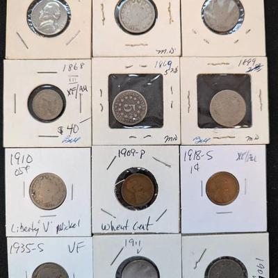 London cent, 3 Cent Coin and 12 Nickels