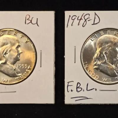 1948-D & 1953-D Franklin Silver Half Dollars BU/Uncirculated with Full Bell Lines