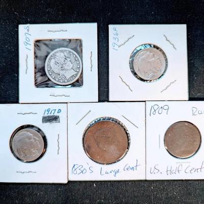 1809 Half Cent, 2 Buffalo Nickels, 1830 Large Cent, & 1987 Silver Barber Quarter