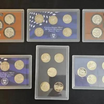 6 Proof US Mint Statehood and Parks Quarter Sets,  1999, 2003, 2005, 2009, 2015, & 2018