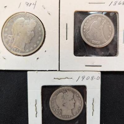 1904 Barber Silver Half Dollar, 1908 Barber Silver Dollar, & 1868 Seated Silver Quarter