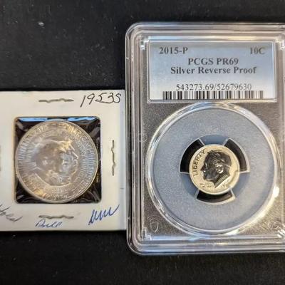 1953 Carver Commemorative Half Dollar, 2015 Silver Reverse Proof Roosevelt Dime, PCGS PR69