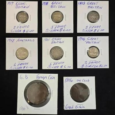 Group of 6 Silver Foreign Coins and 2 Very Old Copper Coins