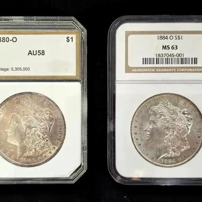 1880-O PCI AU-58 and 1884-O MS-63 Morgan Silver Dollars