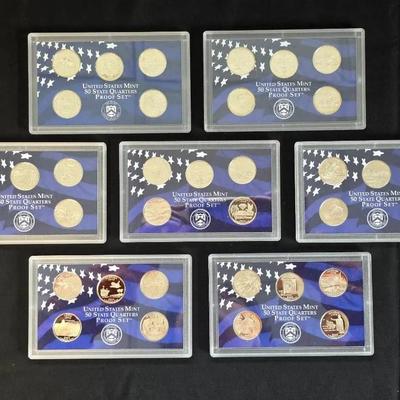 7 Different Date 1999 - 2008 Statehood Quarters Proof Sets US Mint Issued