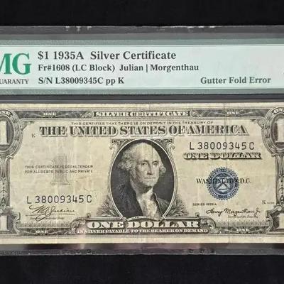 1935-A Silver Certificate, PMG-30 Gutter Fold Error Note