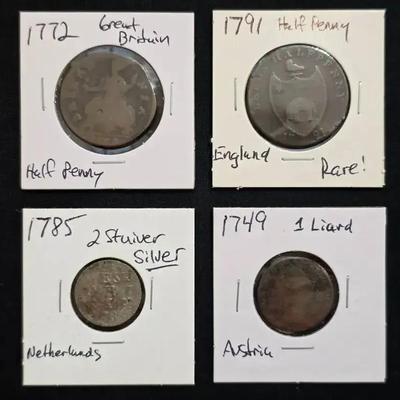 Coins From the 1700s - 4 Foreign Coins & 1 Silver Coin