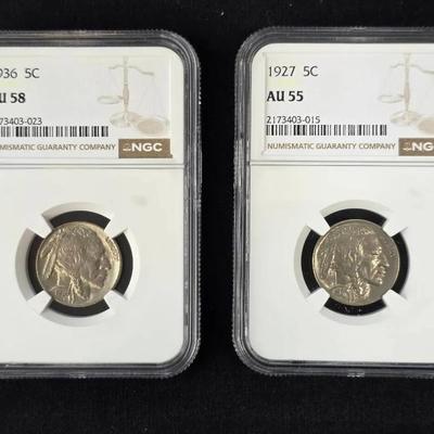 1936-P AU-58 Buffalo Nickel and 1927-P AU-55, NGC Graded