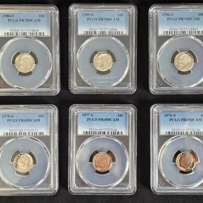 1976-S, 1978-S, 1984-S, 1986-S Proof 70DCAM PCGS Graded, 6 Roosevelt Dimes Perfect Grade