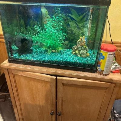 Fish tank and stand with spotted plecostomus waiting for new home