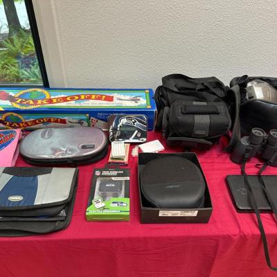 games, CDs, binoculars, camcorder