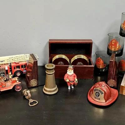 Fireman-Themed Memorabilia Collection Including Glassware, Models & Desk Items