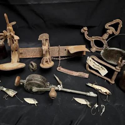 Antique Cast Iron Farm & Workshop Collection featuring Hand-Crank Drill & Vintage Fishing Lures