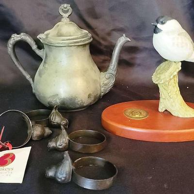 Pewter Teapot, Wrought-Iron Style Bird Napkin Rings & 7" Bird Figurine on Wood Base