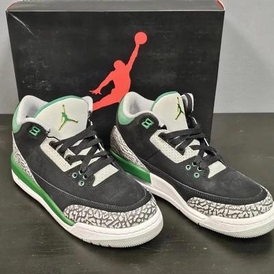 Air Jordan 3 Retro (GS) Black, Pine Green, Silver & White Sneakers, Size 6.5Y