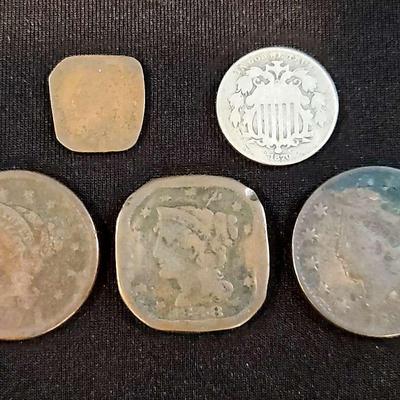 1831 Coronet Head, 1848 & 1851 Braided Hair Large Cents, 1901 Indian Head Cent & 1870 Shield Nickel