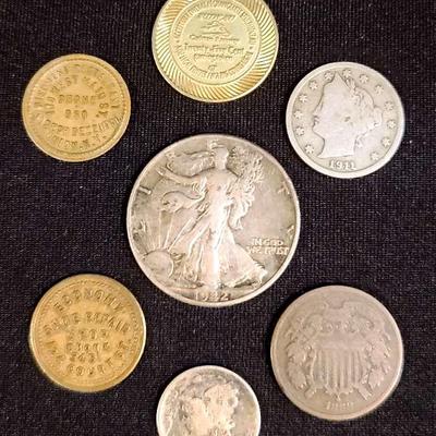 1868 Two Cent, 1911 Liberty Nickel, '42 Walking Liberty Half Dollar, '45 Mercury Dime & Trade Tokens