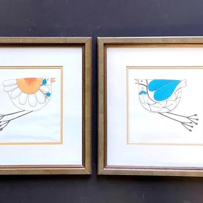 Mid Century Jan Peterson Hand Drawn Embossed Birds (2)