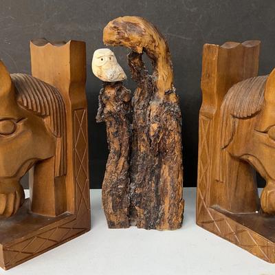 Vintage Hand Carved Bookends And Wood Decor