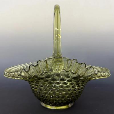 Fenton Green Hobnail Art Glass Ruffles Edge Basket