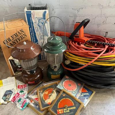 Tools & Outdoor Miscellaneous w/ Coleman Lanterns (2), Saw Blades, Heavy Duty Cords ++