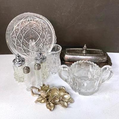 Lancaster Cornflower Sugar Bowl, EAPG Dresser Tray With Salt And Pepper And Antique Silverplate