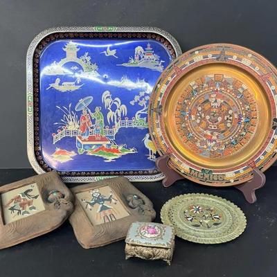 Eclectic Collection with Mexican Souvenir Aztec Tray, Japanese Tray, Sand Paintings