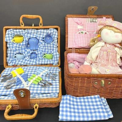 Two Vintage Children’s Wicker Tea Sets With Cloth Doll