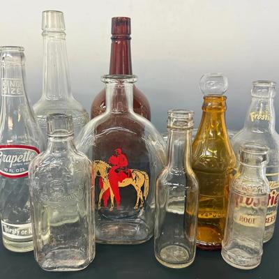 Glass Bottles (10) With Soda, Liquor, Decanter, Etc