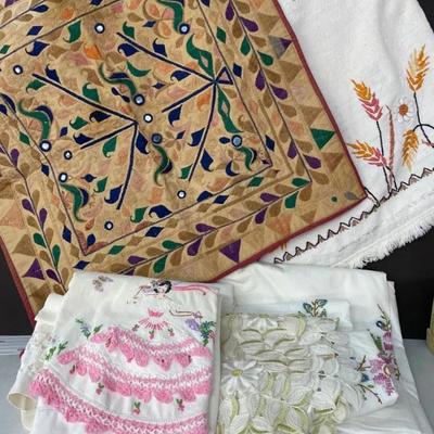 Vintage Hand Embroidered Tapestry With Vintage Linens