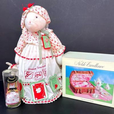 Gracious Hallmark Bunny Doll With German Doll And Vintage Boxed Toy Tea Set