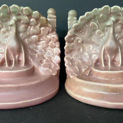 Pair Of Rookwood Pottery Matte Glaze Peacock Motif Bookends, 1920