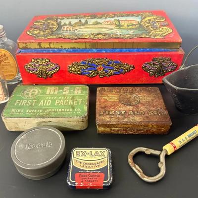 Antique/Vintage Advertising Pieces (9) With Miniature Cast Iron Coal Bucket