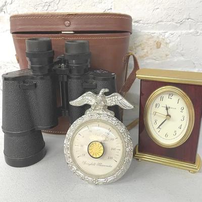 Howard Miller Desktop Carriage Clock With Vintage Binoculars And Springfield Thermometer 