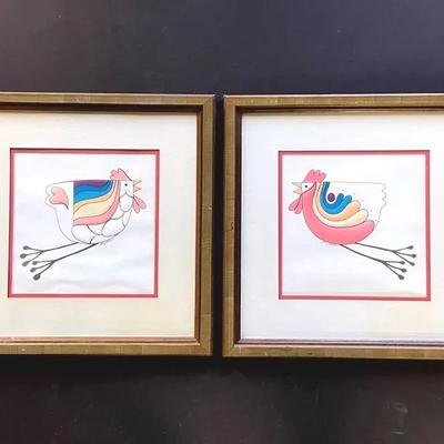 Framed Jan Peterson Mid Century Hand Drawn Embossed Roosters (2)